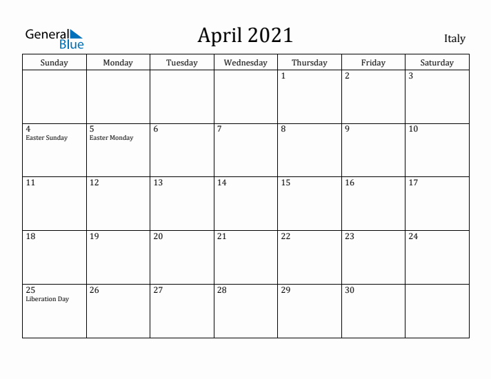 April 2021 Calendar Italy