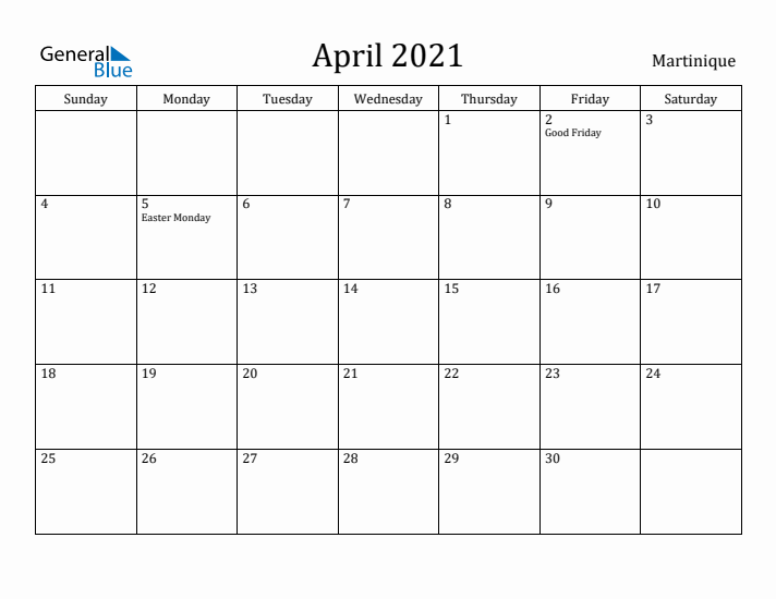 April 2021 Calendar Martinique