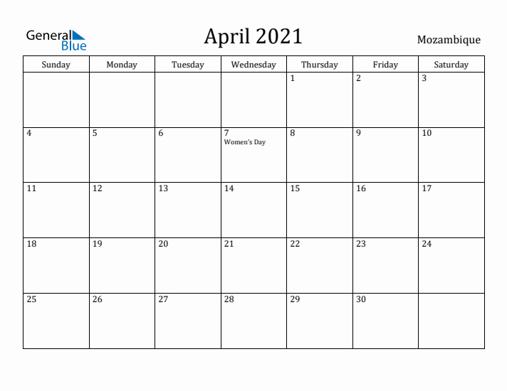 April 2021 Calendar Mozambique