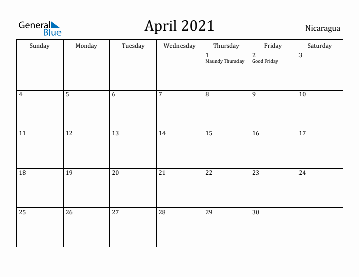 April 2021 Calendar Nicaragua