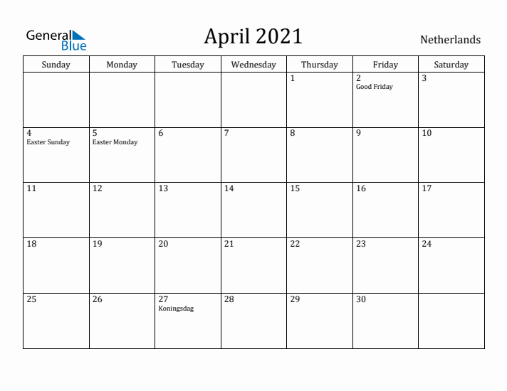 April 2021 Calendar The Netherlands