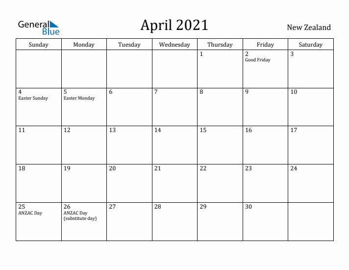 April 2021 Calendar New Zealand