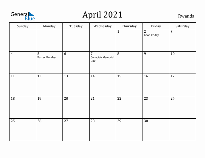 April 2021 Calendar Rwanda