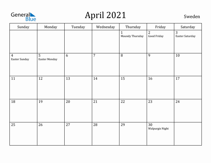 April 2021 Calendar Sweden