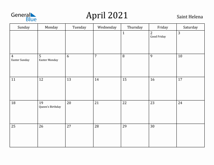 April 2021 Calendar Saint Helena