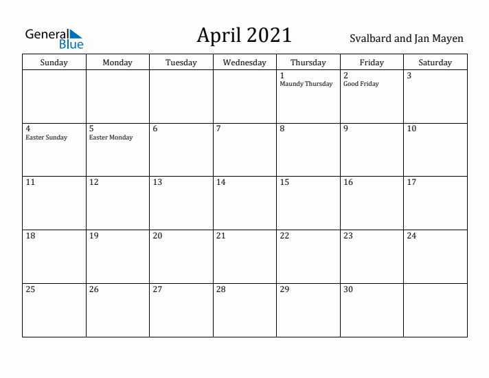 April 2021 Calendar Svalbard and Jan Mayen