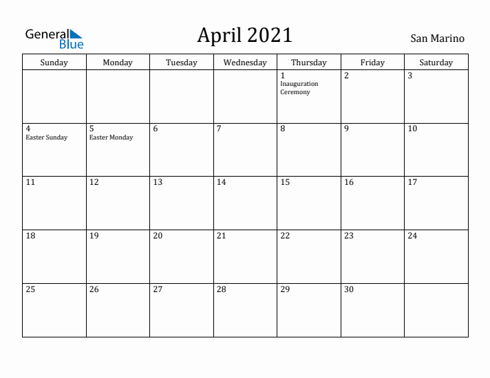 April 2021 Calendar San Marino