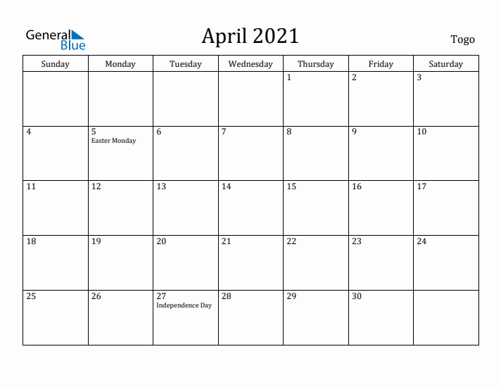 April 2021 Calendar Togo