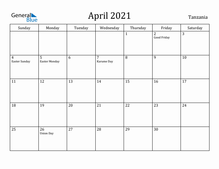 April 2021 Calendar Tanzania