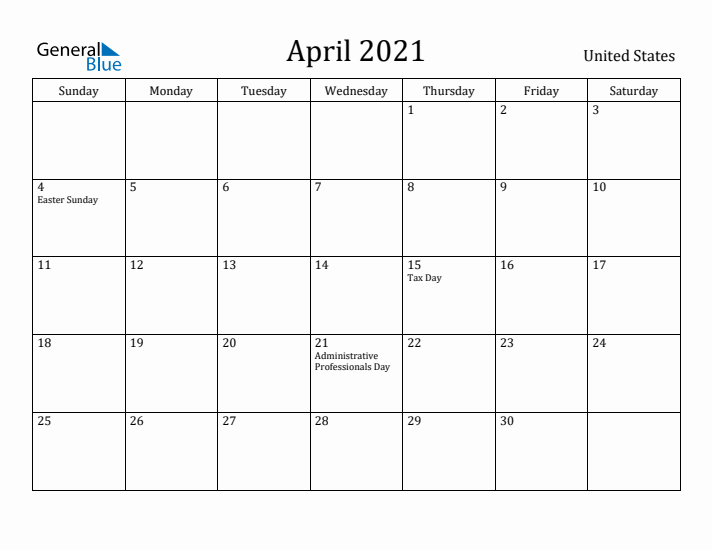 April 2021 Calendar United States