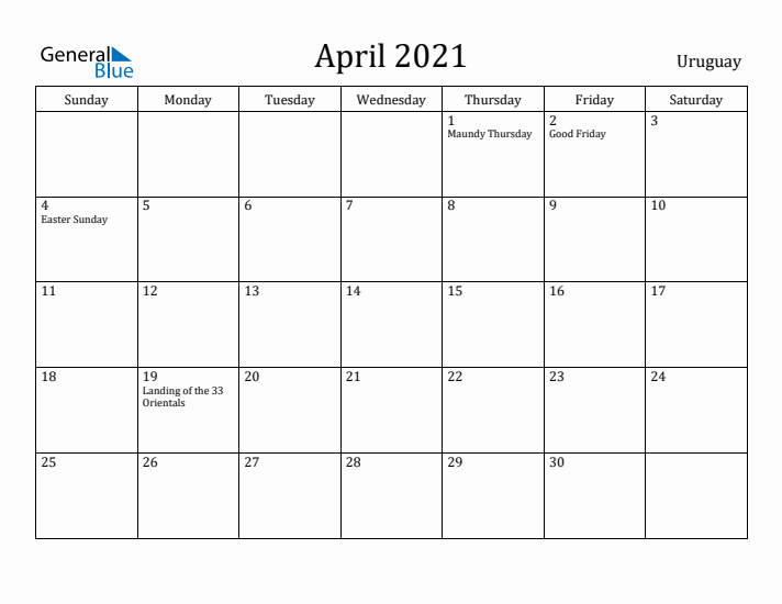 April 2021 Calendar Uruguay
