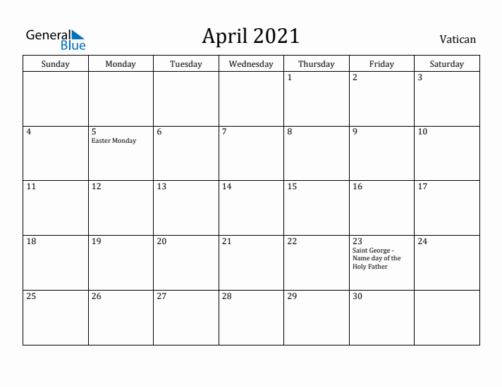 April 2021 Calendar Vatican