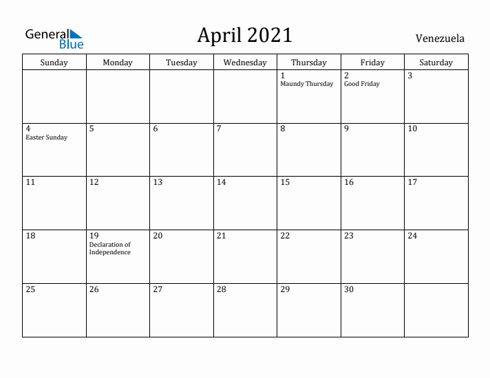 April 2021 Calendar Venezuela