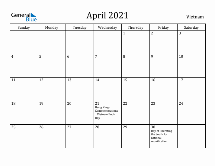April 2021 Calendar Vietnam