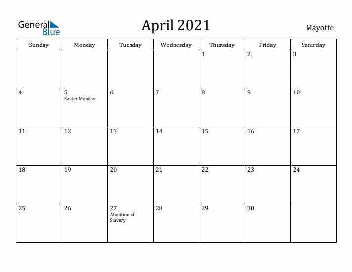 April 2021 Calendar Mayotte