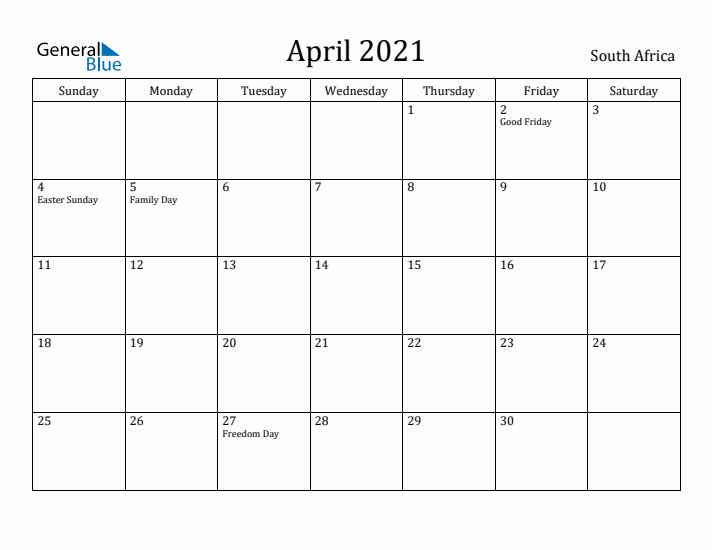 April 2021 Calendar South Africa