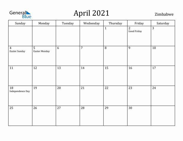 April 2021 Calendar Zimbabwe