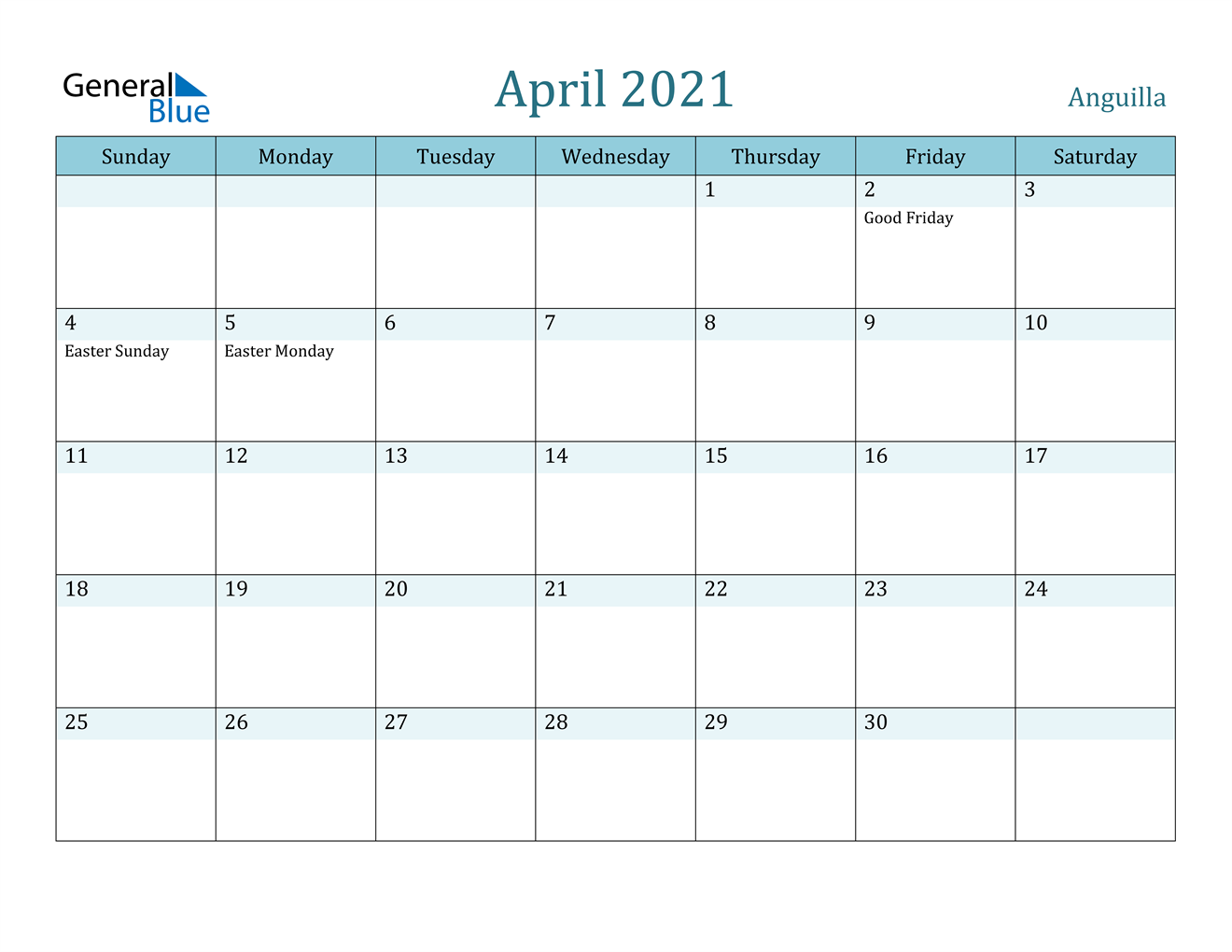 April 2021 Calendar - Anguilla