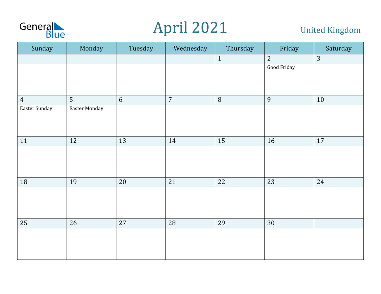 April 2021 Calendar United Kingdom