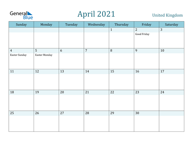 United Kingdom April 2021 Calendar With Holidays