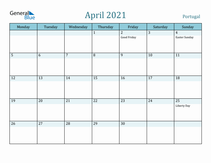 April 2021 Calendar with Holidays