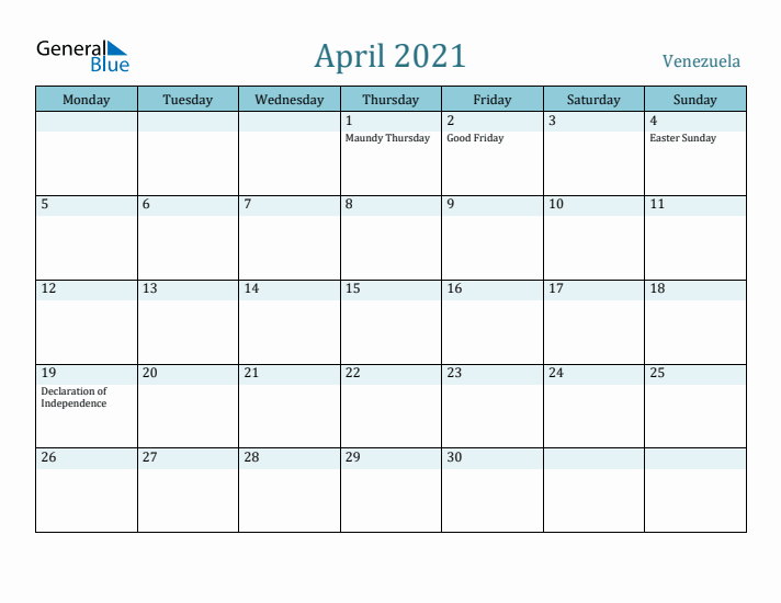 April 2021 Calendar with Holidays
