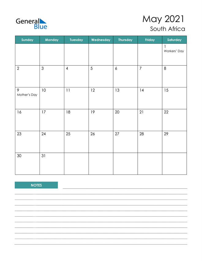 South Africa May 2021 Calendar With Holidays