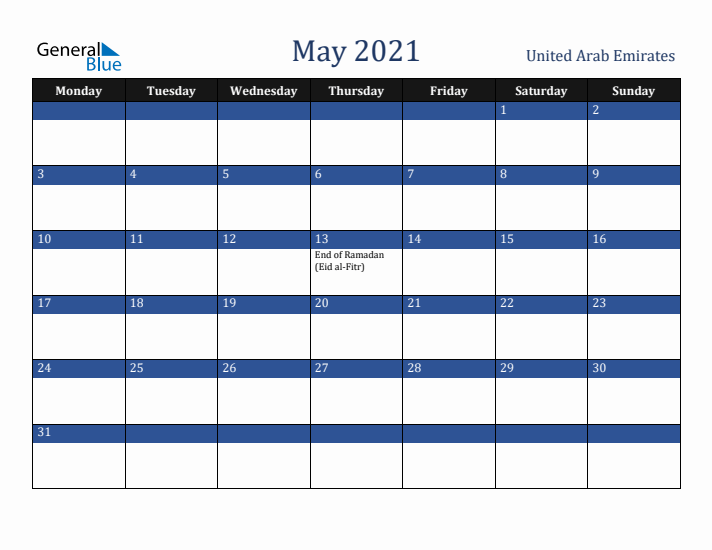 May 2021 United Arab Emirates Calendar (Monday Start)