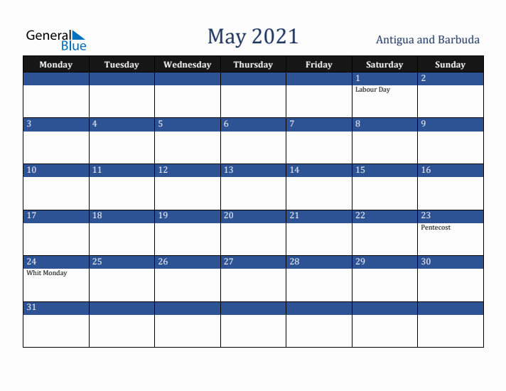 May 2021 Antigua and Barbuda Calendar (Monday Start)