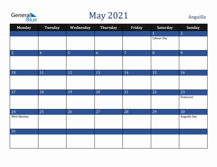 May 2021 Anguilla Calendar (Monday Start)