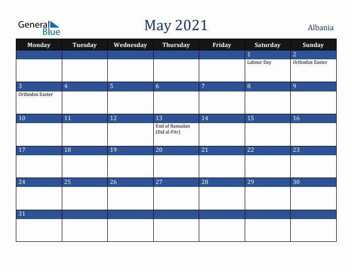 May 2021 Albania Calendar (Monday Start)