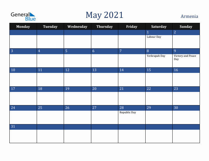May 2021 Armenia Calendar (Monday Start)