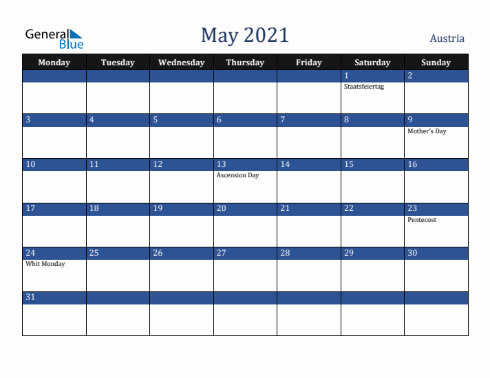 May 2021 Austria Calendar (Monday Start)