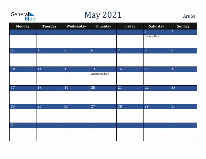 May 2021 Aruba Calendar (Monday Start)
