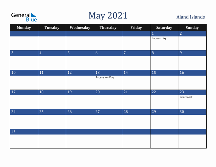 May 2021 Aland Islands Calendar (Monday Start)