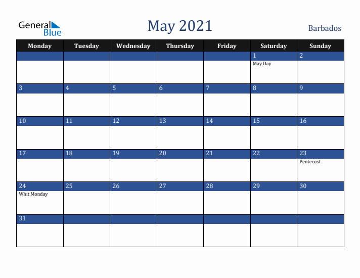 May 2021 Barbados Calendar (Monday Start)