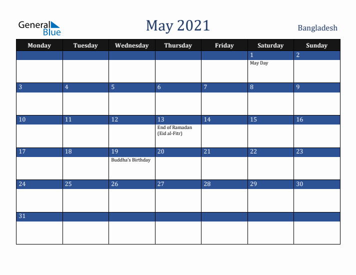 May 2021 Bangladesh Calendar (Monday Start)