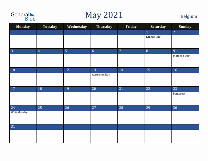 May 2021 Belgium Calendar (Monday Start)
