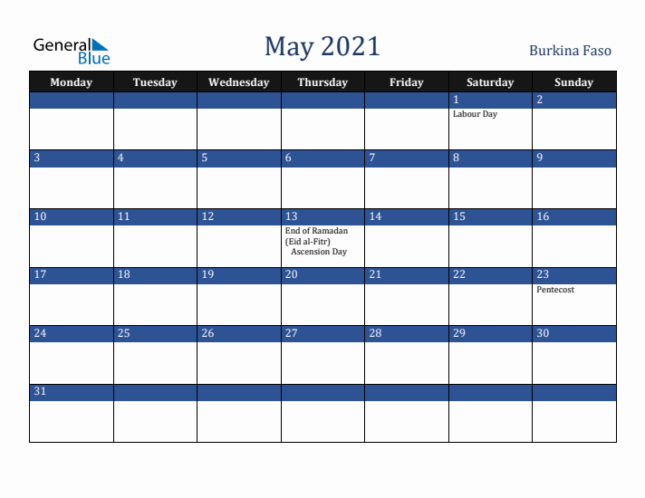 May 2021 Burkina Faso Calendar (Monday Start)
