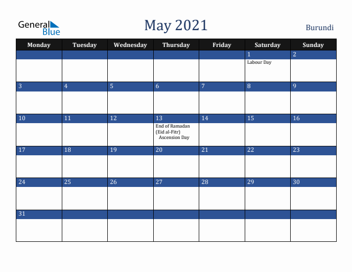 May 2021 Burundi Calendar (Monday Start)