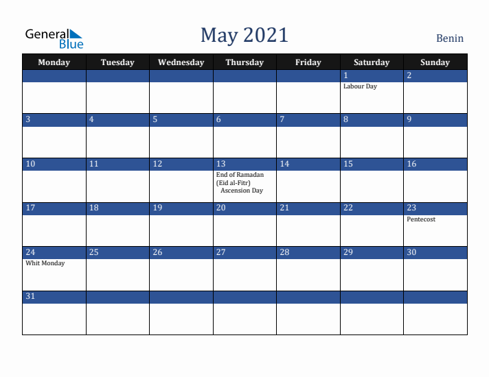May 2021 Benin Calendar (Monday Start)