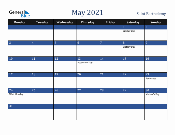 May 2021 Saint Barthelemy Calendar (Monday Start)