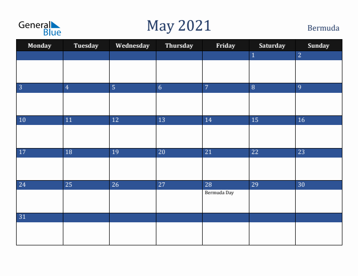 May 2021 Bermuda Calendar (Monday Start)