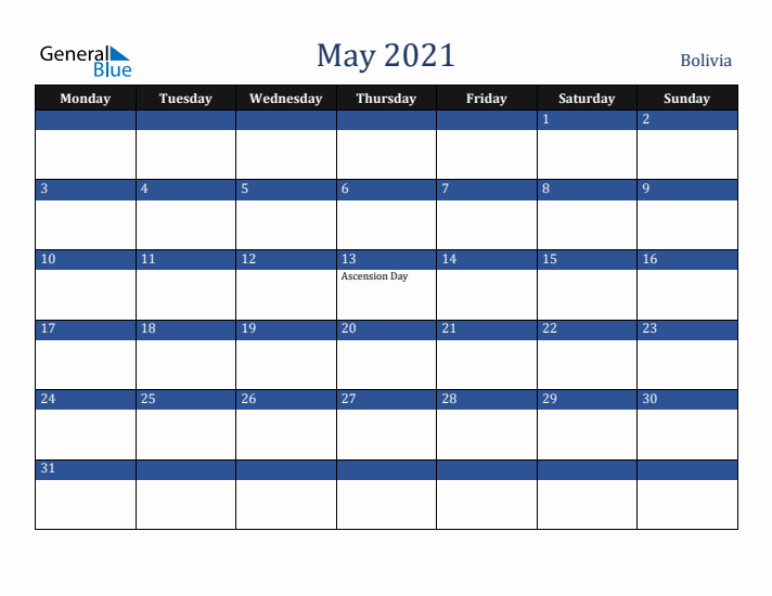May 2021 Bolivia Calendar (Monday Start)