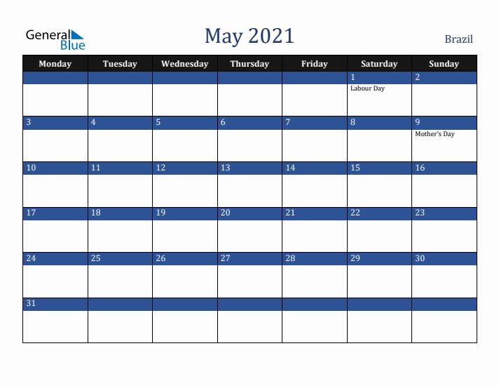 May 2021 Brazil Calendar (Monday Start)