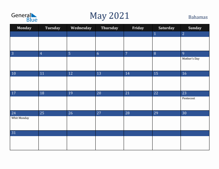 May 2021 Bahamas Calendar (Monday Start)