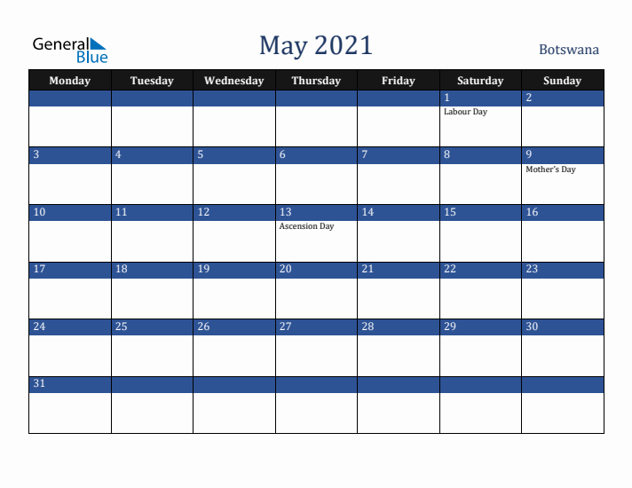 May 2021 Botswana Calendar (Monday Start)