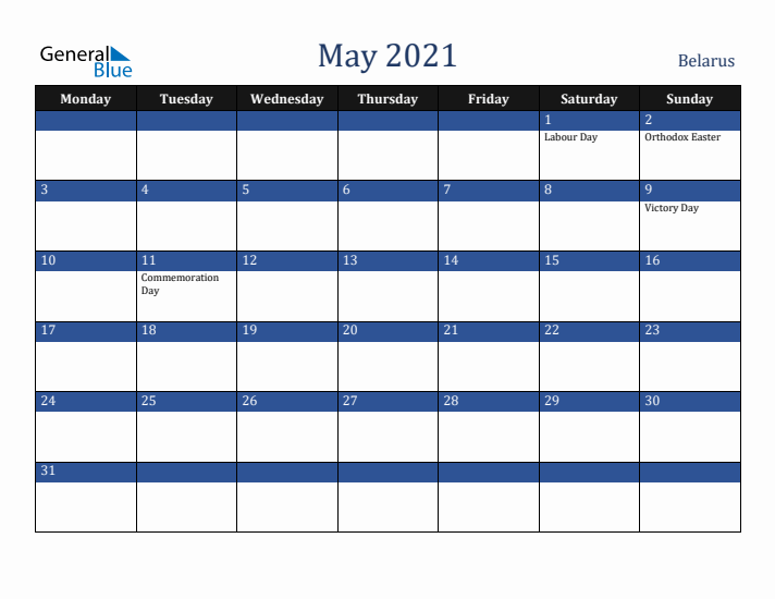 May 2021 Belarus Calendar (Monday Start)