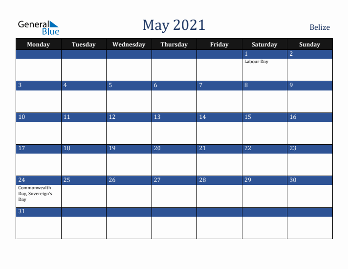 May 2021 Belize Calendar (Monday Start)