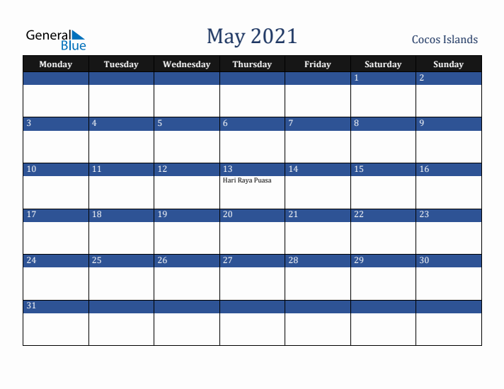 May 2021 Cocos Islands Calendar (Monday Start)